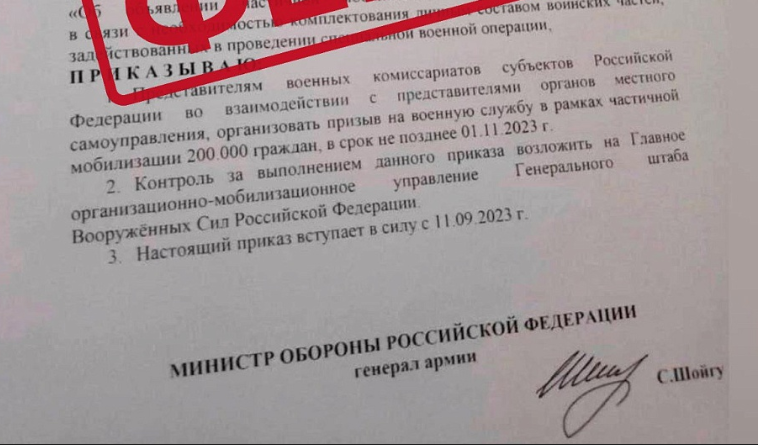 «200 тысяч человек с 11 сентября»: в Сети распространили фейковый указ Сергея Шойгу о новой мобилизации в России