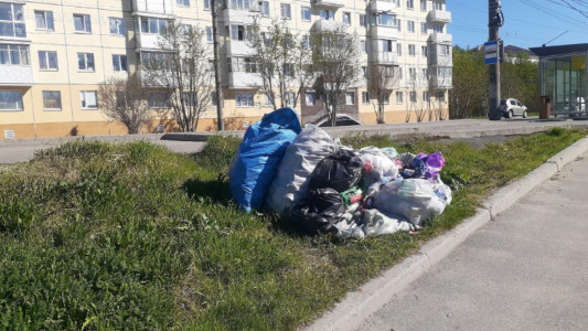 Горы мусора лежат на улице Мурманска почти два месяца