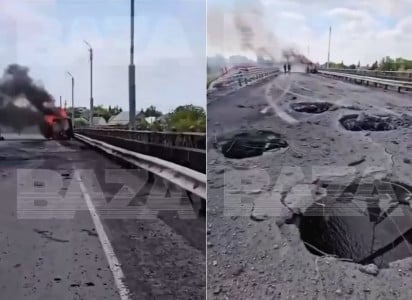 Огромные дыры и убитые волонтеры: В Сеть слили кадры, снятые после первого ракетного залпа по мосту в Курской области