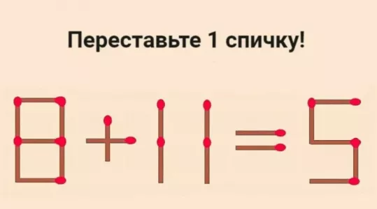 Переставьте 1 спичку в равенстве «8+11=5», чтобы его исправить — на решение 9 секунд, успеете?